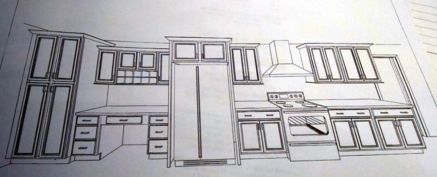 Elevation drawing of the same kitchen's cabinet layout